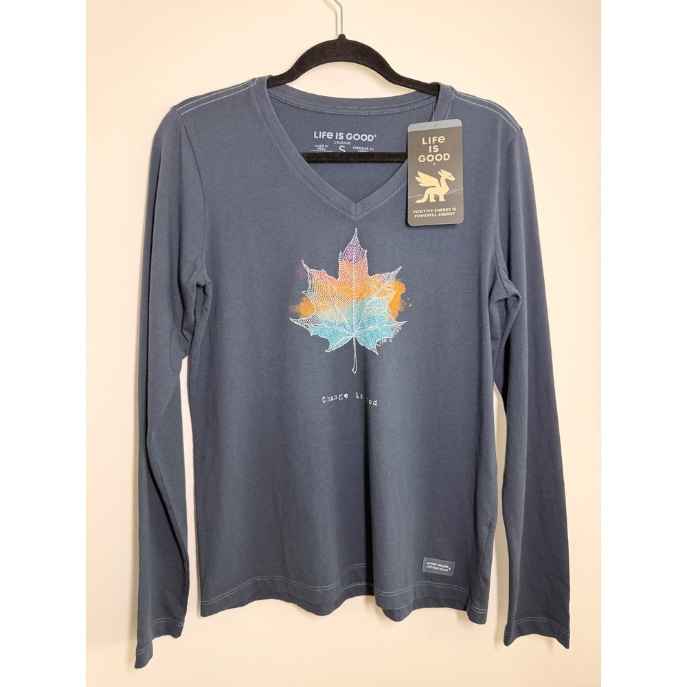 Life is Good Long Sleeve Tee Womens S Blue NWT Change is Good Maple Leaf Crusher